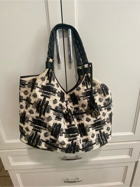 Lucky Brand Black and Cream Woven Tote with Braided Handles